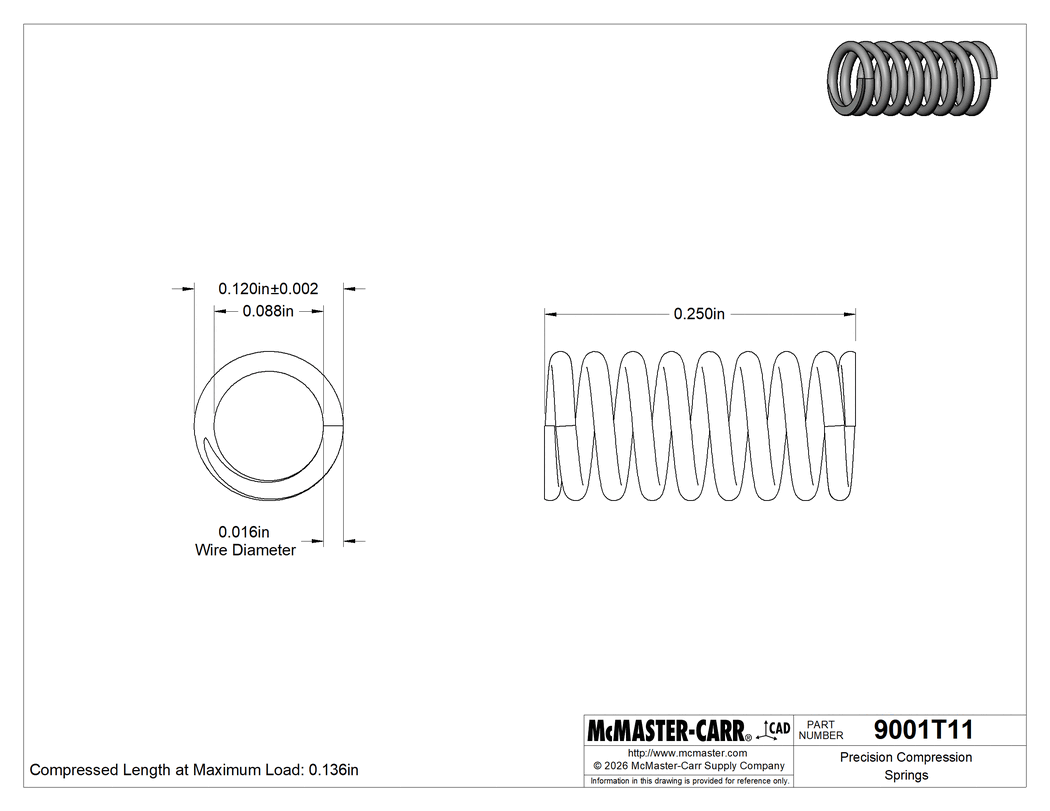 Technical Drawing of Precision Compression Springs, 0.25" Long, 0.12" OD, 0.088" ID.